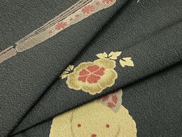 平和屋着物▽小紋　単衣　扇面花文　兎　黒地　洗える着物　AABC3853fy