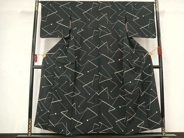 平和屋着物▽上質な小紋　単衣　幾何学文様　黒地　正絹　逸品　AABC3858fy 平和屋着物▽上質な小紋 単衣 幾何学文様 黒地 正絹 逸品 AABC3858fy