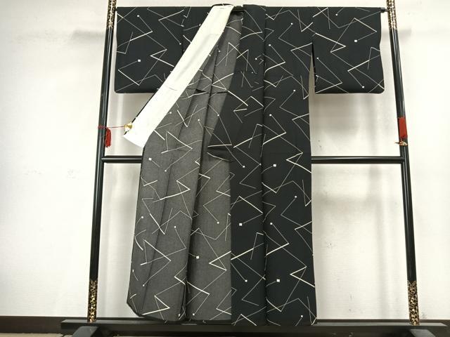 平和屋着物▽上質な小紋 単衣 幾何学文様 黒地 正絹 逸品 AABC3858fy