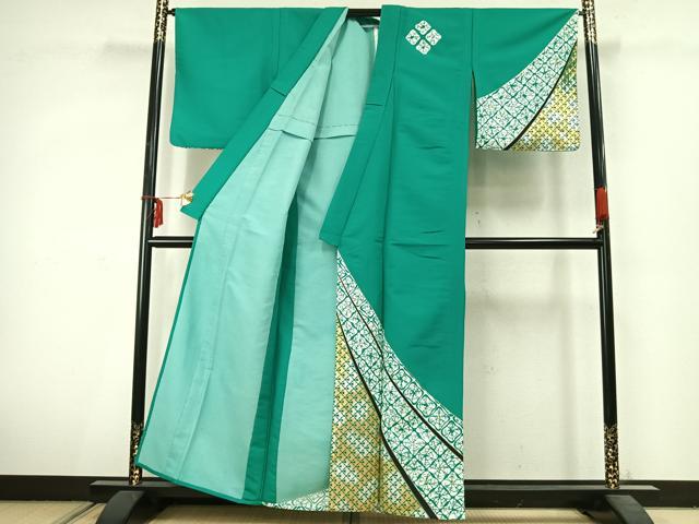 平和屋着物▽訪問着　単衣　幾何学文様　金銀彩　洗える着物　AABC3869fy_1