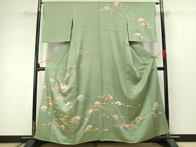 平和屋着物▽訪問着　単衣　駒刺繍　扇面花文　金彩　正絹　逸品　AABC3878fy