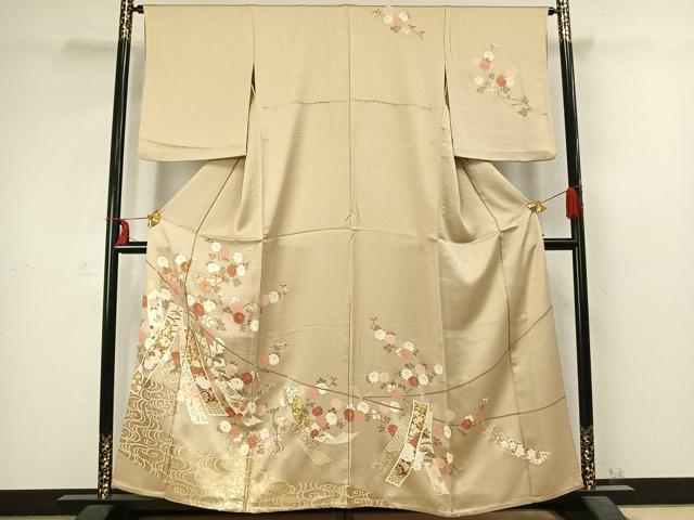 平和屋着物▽訪問着　単衣　駒刺繍　草花短冊文　金彩　正絹　逸品　AABC3933fy