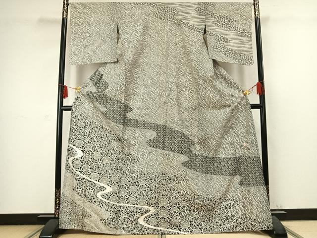 平和屋着物▽訪問着　単衣　作家物　流水花唐草文　正絹　逸品　AABC3938fy