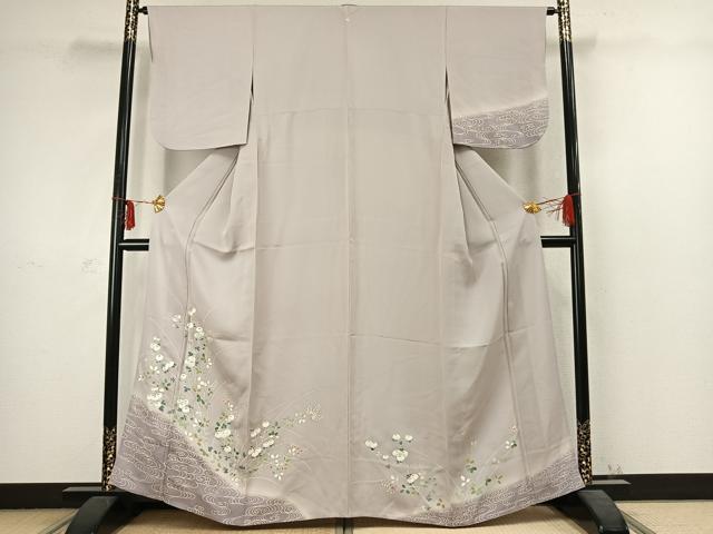 平和屋着物▽訪問着　単衣　刺繍　草花文　暈し染め　金銀糸　銀彩　正絹　逸品　AABC3950fy