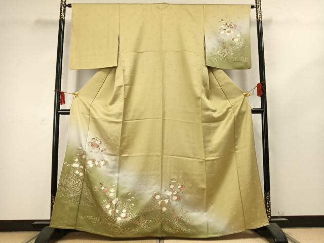 平和屋着物▽訪問着　単衣　刺繍　草花文　暈し染め　金銀彩　正絹　逸品　AABC3958fy