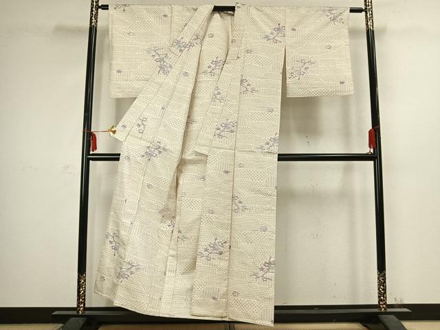 平和屋着物▽上質な紬　単衣　枝花文　正絹　逸品　AABC3967fy_2
