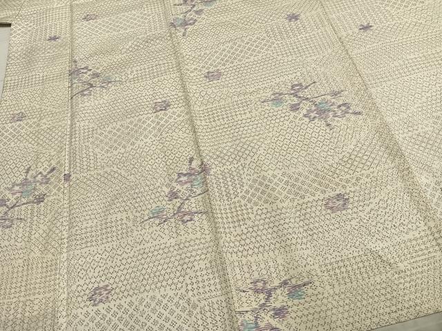 平和屋着物▽上質な紬　単衣　枝花文　正絹　逸品　AABC3967fy_3
