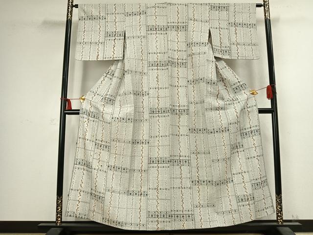 平和屋着物▽上質な紬　単衣　絞り　横段花文　正絹　逸品　AABC3982fy_1