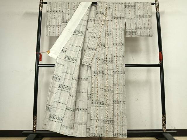 平和屋着物▽上質な紬　単衣　絞り　横段花文　正絹　逸品　AABC3982fy_2