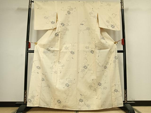 平和屋着物▽上質な紬　単衣　花唐草文　正絹　逸品　AABC4011fy_1