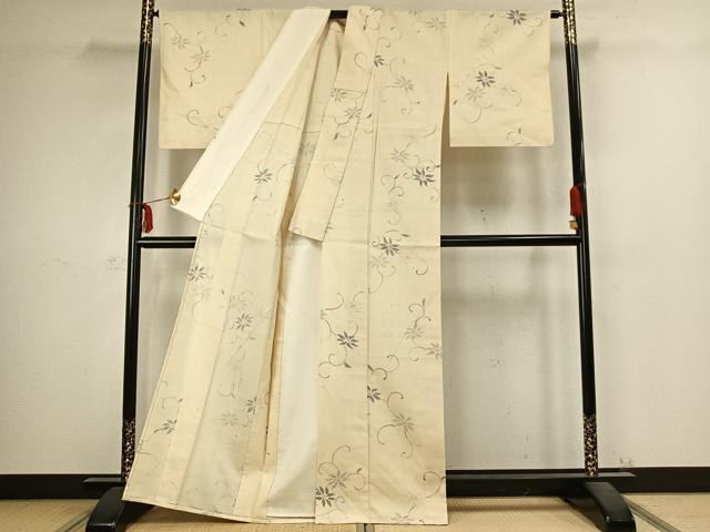 平和屋着物▽上質な紬　単衣　花唐草文　正絹　逸品　AABC4011fy_2