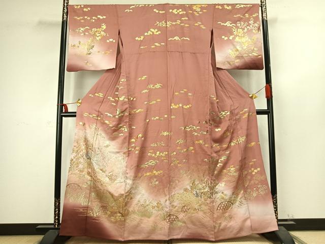 平和屋着物▽訪問着　単衣　孔雀花文　暈し染め　金銀彩　正絹　逸品　AABC4023fy