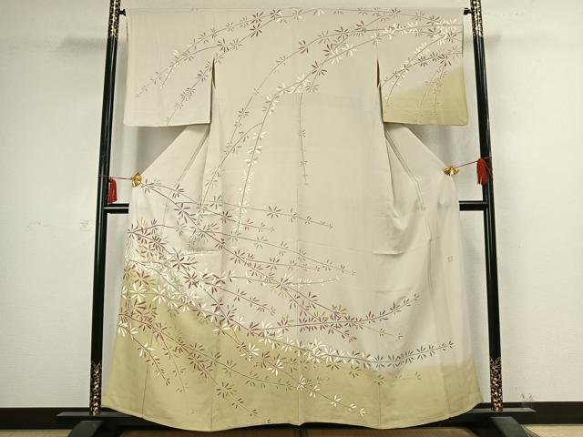 平和屋着物▽訪問着　単衣　作家物　草葉文　金彩　松坂屋扱い　正絹　逸品　AABC4026fy