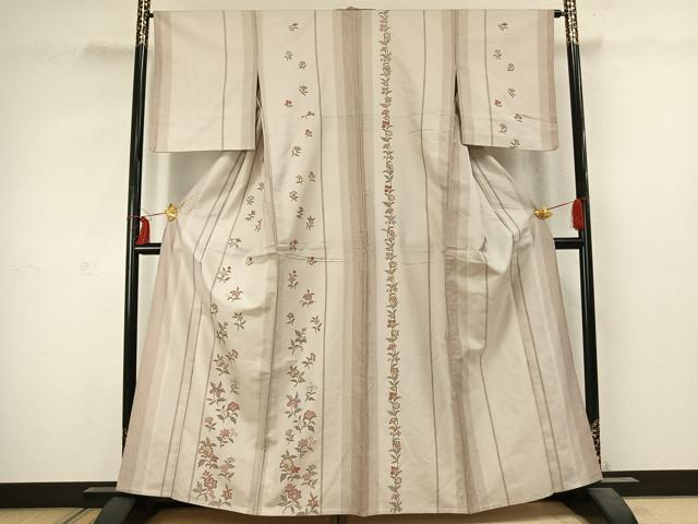 平和屋着物▽訪問着　単衣　紬地　草花間道　正絹　逸品　AABC4107fy