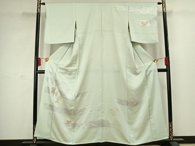 平和屋着物▽訪問着　単衣　駒刺繍　枝花文　銀彩　正絹　逸品　AABC4110fy