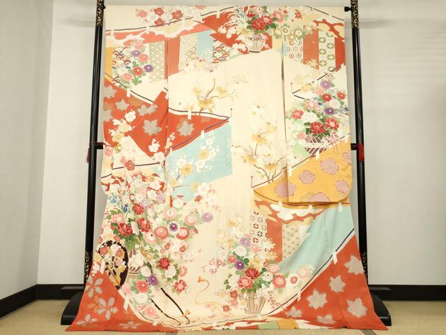 平和屋着物●豪華振袖　友禅　幔幕花車文　金彩　ロング丈　正絹　逸品　AABC4149ck