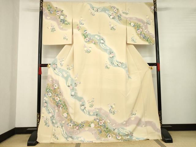 平和屋着物●訪問着　辻が花　駒刺繍　道長花文　暈し染め　金彩　ロング丈　正絹　逸品　AABC4187ck