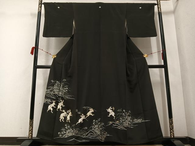 平和屋着物●豪華黒留袖　手描き　鳥獣戯画　兎　金糸　正絹　逸品　AABC4450ph