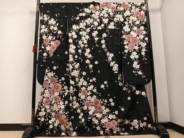 平和屋着物●H・L（アッシュエル）　HENRI-LUC CHAPUIS　振袖　枝花文　黒地　金彩　洗える着物　AABC4473ph