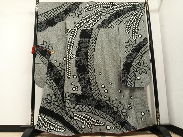 平和屋着物●豪華振袖　総絞り　草花文　黒地　正絹　逸品　AABC4483ph