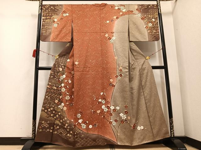 平和屋着物●訪問着　駒刺繍　枝梅文　暈し染め　金彩　正絹　逸品　AABC4496ph