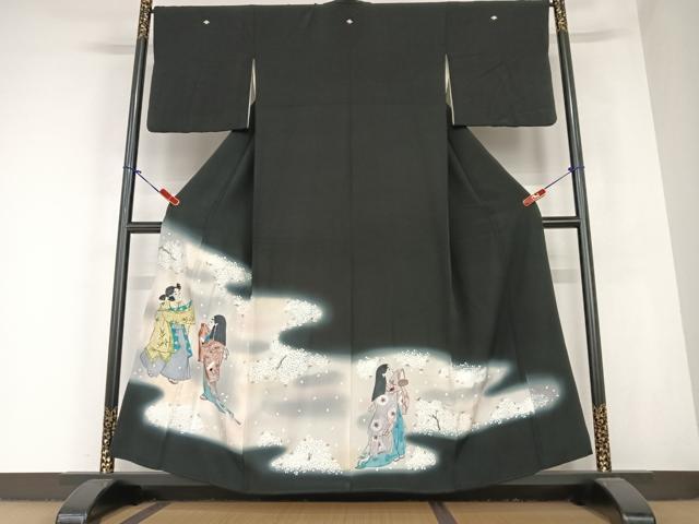 平和屋着物●豪華黒留袖　手描き　人物文　舞桜　暈し染め　正絹　逸品　AABC4821zg