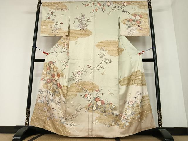 平和屋着物●訪問着　駒刺繍　花蝶文　暈し染め　金彩　正絹　逸品　AABC4883zg