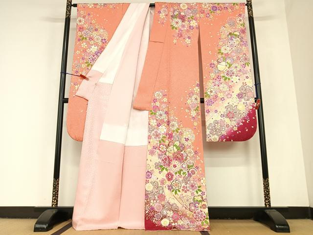 平和屋着物●豪華振袖　刺繍　舞花文　暈し染め　金銀糸　銀通し地　正絹　逸品　AABC4893zg 平和屋着物○豪華振袖 刺繍 舞花文 暈し染め 金銀糸 銀通し