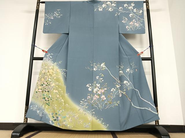 平和屋着物●手描友禅　奥田秀水　訪問着　枝花文　暈し染め　正絹　逸品　AABC4907zg