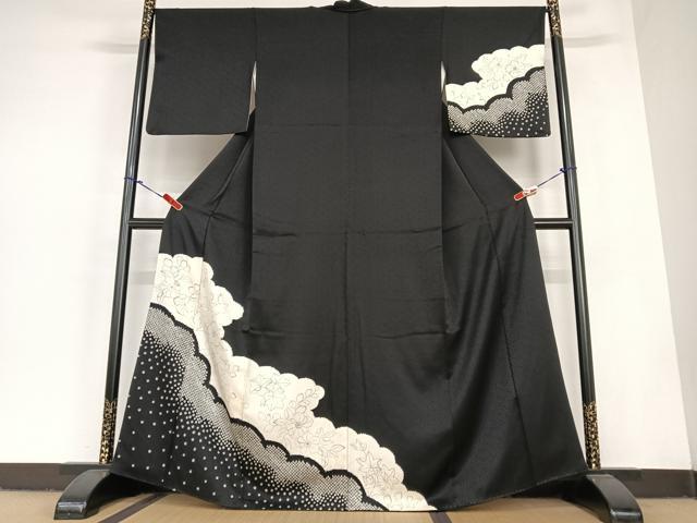 平和屋着物●訪問着　辻が花　手描き　絞り　黒地　正絹　逸品　AABC4908zg