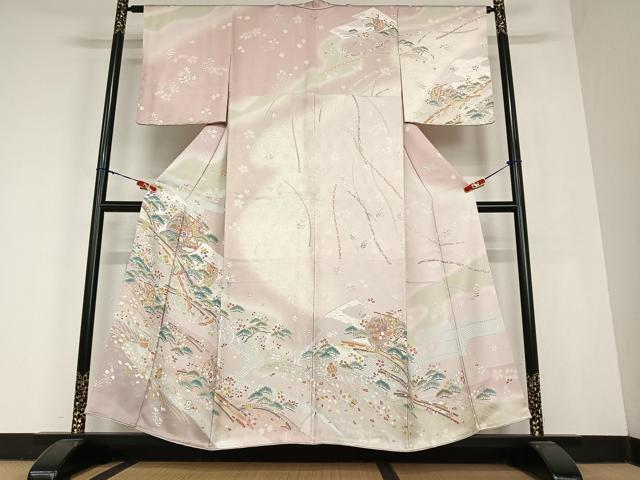 平和屋着物●訪問着　駒刺繍　立波飛鶴花松文　暈し染め　金彩　正絹　逸品　未使用　AABC4945zg