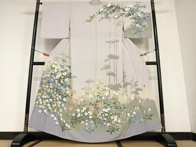 平和屋着物●十日町友禅作家　岡村蒼風　訪問着　風景草花文　正絹　逸品　AABC4968zg