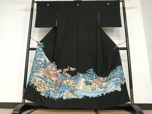 平和屋着物●本加賀友禅作家　吉川久仁　黒留袖　風景草花文　正絹　逸品　AABC5083zg