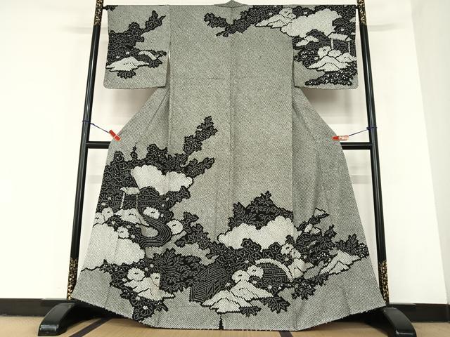 平和屋着物●訪問着　絞り　流水草花文　黒地　正絹　逸品　AABC5133zg