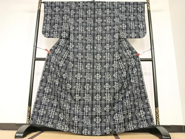 平和屋着物●上質な紬　格子花文　正絹　逸品　AABC5148zg