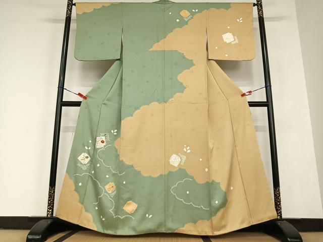 平和屋着物●訪問着　絞り　刺繍　破れ色紙花文　光琳菊　金彩　正絹　逸品　AABC5157zg