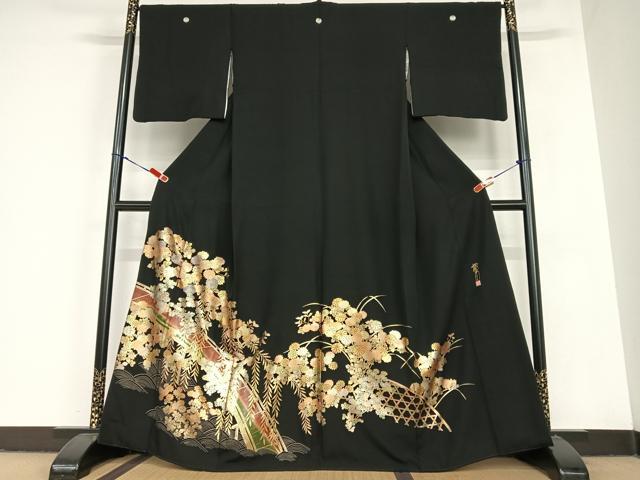 平和屋着物●金彩工芸　畑山敦夫　黒留袖　渡り橋草花文　金彩　正絹　逸品　AABC5177zg