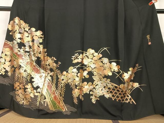 平和屋着物●金彩工芸　畑山敦夫　黒留袖　渡り橋草花文　金彩　正絹　逸品　AABC5177zg