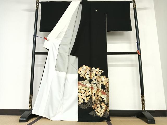 平和屋着物●金彩工芸　畑山敦夫　黒留袖　渡り橋草花文　金彩　正絹　逸品　AABC5177zg