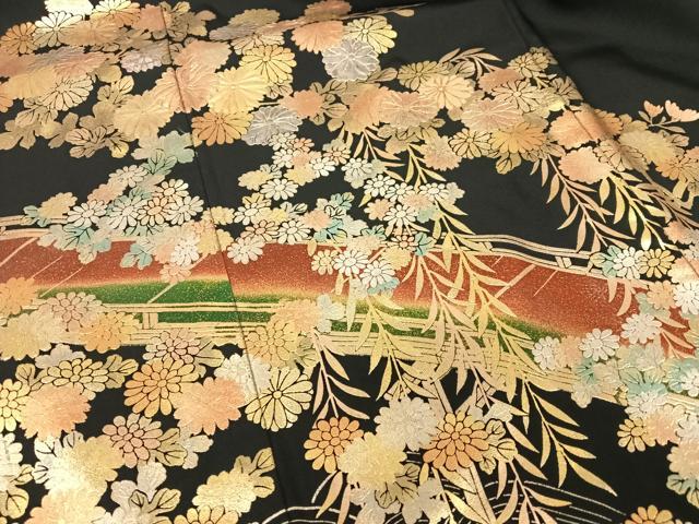 平和屋着物●金彩工芸　畑山敦夫　黒留袖　渡り橋草花文　金彩　正絹　逸品　AABC5177zg