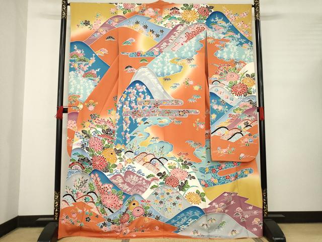 平和屋着物●豪華振袖　紅型　遠山風景花文　正絹　逸品　AABC5672ck