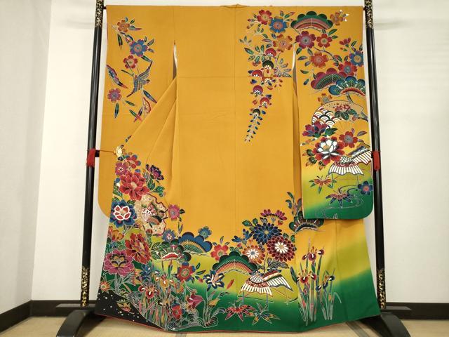 平和屋着物●豪華振袖　型染め　辻が花　風景雪輪花蝶文　正絹　逸品　AABC5673ck