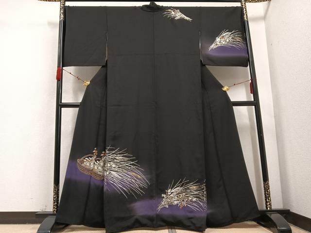 平和屋着物●総刺繍　訪問着　花篭文　黒地　正絹　逸品　AABC6037ph