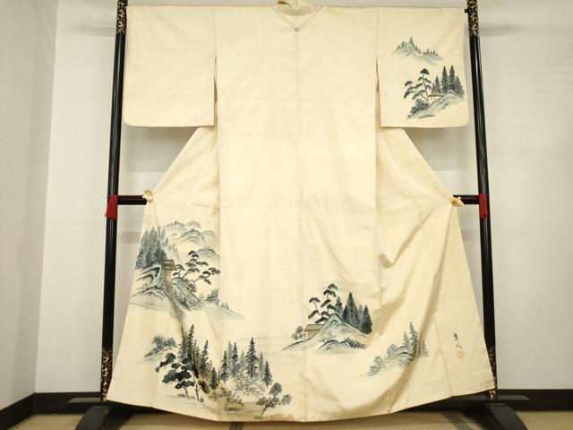 平和屋着物●訪問着　紬地　作家物　遠山風景樹林文　正絹　逸品　AABC6108ck