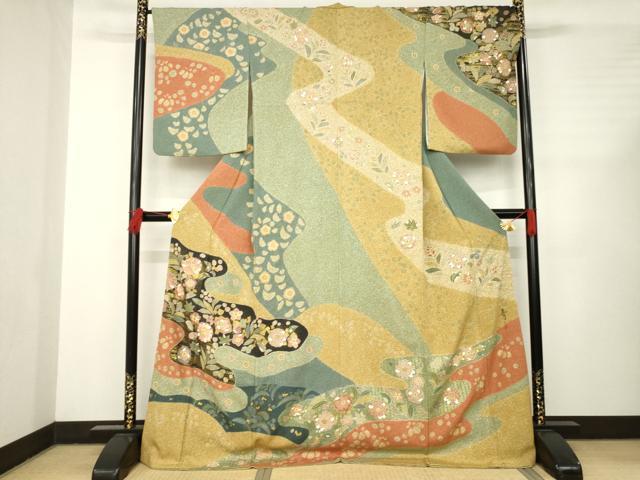 平和屋着物●京友禅の第一人者　松井青々　訪問着　駒刺繍　エ霞花文　金彩　ロング丈　正絹　逸品　AABC6120ck