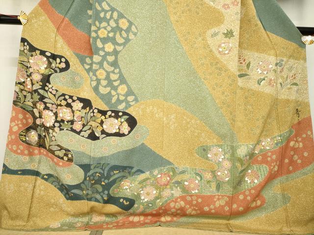 平和屋着物●京友禅の第一人者　松井青々　訪問着　駒刺繍　エ霞花文　金彩　ロング丈　正絹　逸品　AABC6120ck 平和屋着物○京友禅の第一人者 松井青々 訪問着 駒