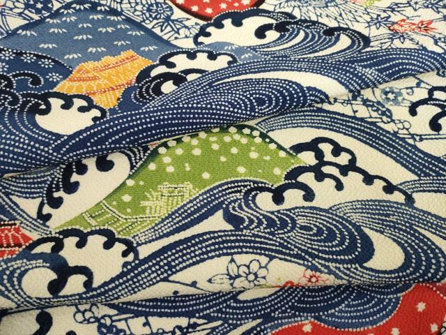 平和屋着物●紅型　小紋　立波風景文　正絹　逸品　AABC6124ck
