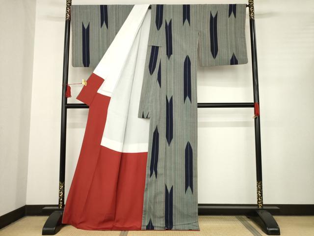 平和屋着物○お召 矢羽根文 ロング丈 正絹 逸品 AABC6141ck