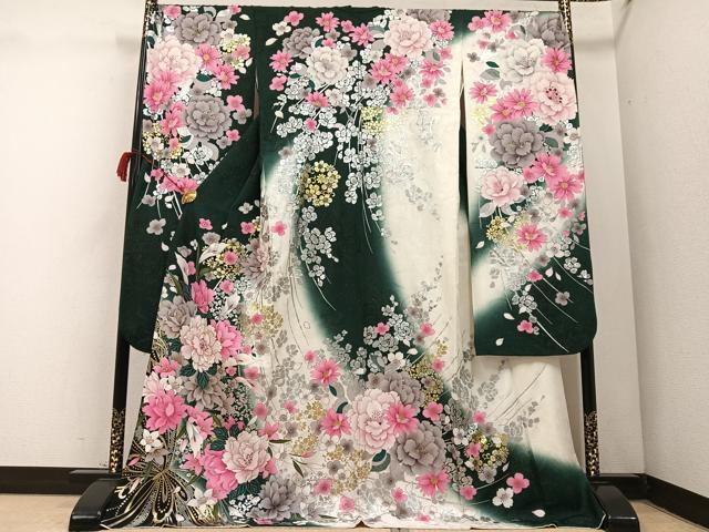 平和屋着物●豪華振袖　花尽くし　暈し染め　金銀彩　銀通し地　ロング丈　正絹　逸品　AABC6804ph