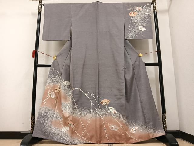 平和屋着物●創業140年　小糸染芸の四代目　小糸敏夫　訪問着　紬地　地紙草花文　正絹　逸品　AABC6817ph